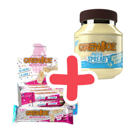 GRENADE High Protein Bar Birthday Cake 12x60g + ajándék GRENADE Protein Spread 360g White Chocolate Cookie