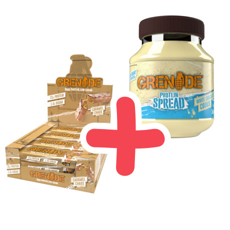 GRENADE High Protein Bar Caramel Chaos 12x60g + ajándék GRENADE Protein Spread 360g White Chocolate Cookie