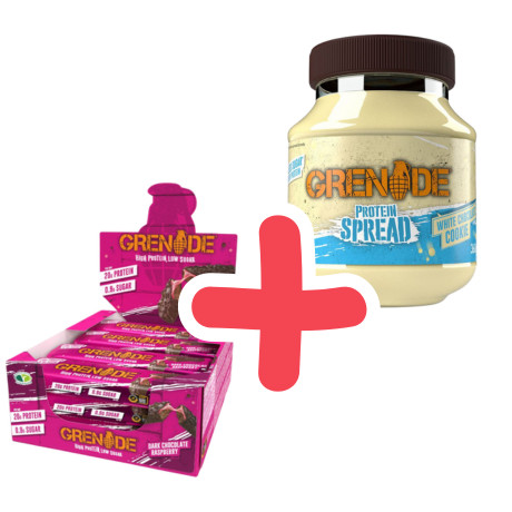 GRENADE High Protein Bar Dark Chocolate Raspberry 12x60g + ajándék GRENADE Protein Spread 360g White Chocolate Cookie