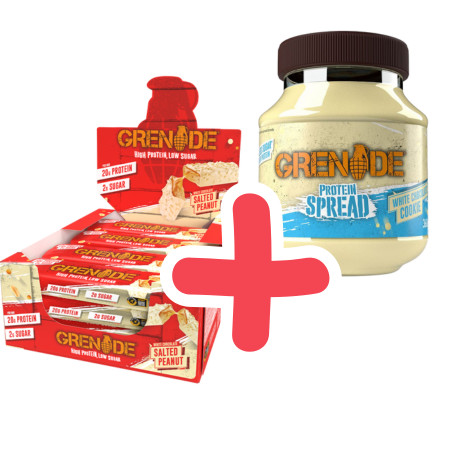 GRENADE High Protein Bar White Chocolate Salted Peanut 12x60g + ajándék GRENADE Protein Spread 360g White Chocolate Cookie