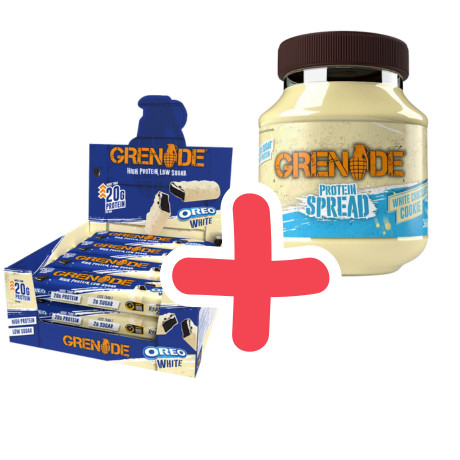 GRENADE High Protein Bar White Oreo 12x60g + ajándék GRENADE Protein Spread 360g White Chocolate Cookie
